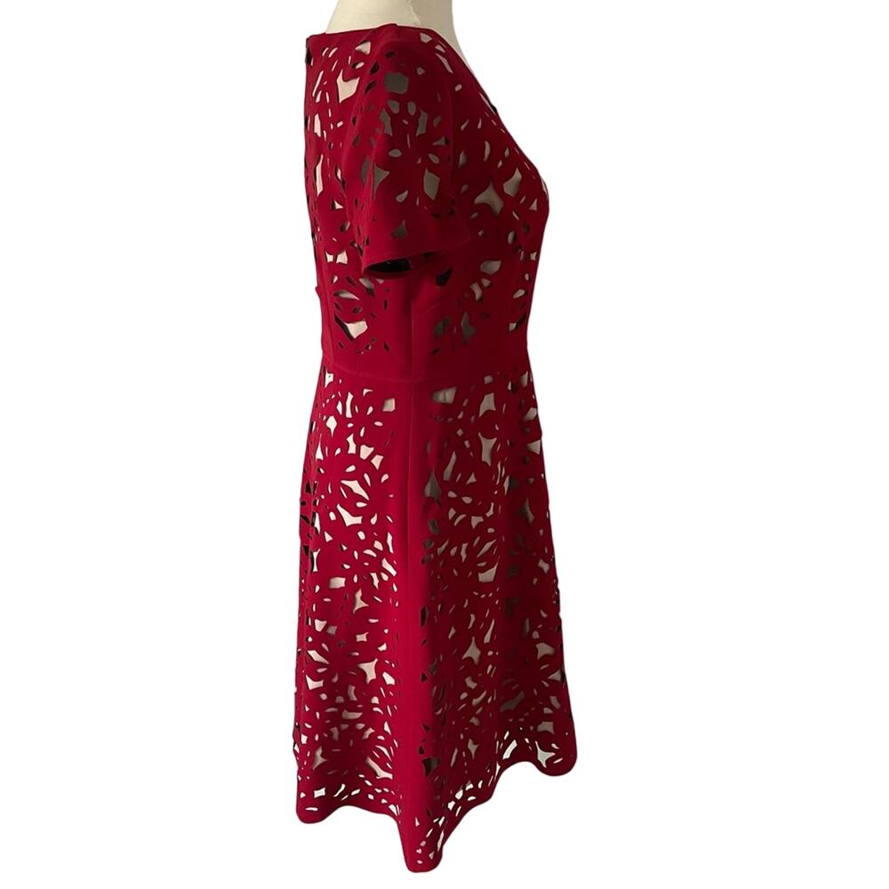 Moulinette Soeurs Red Laser Cut Floral Midi Dress - Size 4 - Picture 7 of 15